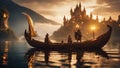 gondolas country A fantasy boatman punting a boat on a river of gold, with castle and wizard The boat is a gondola