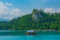 Gondolas in front of the Bled castle in Slovenia Royalty Free Stock Photo