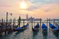 Gondolas moored on the Grand Canal, evening in Venice