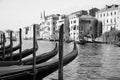 Gondolas moored at the Grand Canal in Venice, northern Italy.