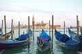 Gondolas moored by Saint Mark square with San Giorgio di Maggiore church in the background - Venice, Venezia, Italy, Europe Royalty Free Stock Photo