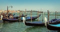 Gondolas moored by Saint Mark square. Venice, Italy