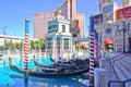 Gondolas in river in front of casino vegas