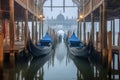 gondolas tethered to an ornate venetian pier