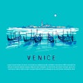 Gondolas in Venice banner. Hand drawn colored sketch illustration with moored gondolas view of San Giorgio Maggiore