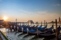 Gondolas of Venice Italy in the morning against the backdrop of sunrise