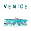 Gondolas in Venice sketch. Hand drawn colored sketch illustration with moored gondolas in Venice, Italy. Royalty Free Stock Photo