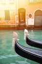 Gondolas& x27;s embelish in a canal in Venice, Italy