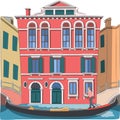 A gondolier in a gondola boat sails along the canal of Venice. Royalty Free Stock Photo