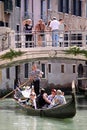 Gondolier, gondola and tourists in Venice
