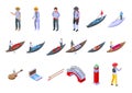 Gondolier icons set isometric vector. Venice bridge