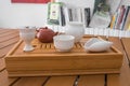 Gong Fu Cha tea set. Beautiful bamboo tray Royalty Free Stock Photo