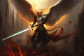 good angel, with burning sword of justice, battles against evil demon