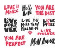 Love, magic, forever, perfect, amour, wi fi, more, heart, hello, best. Vector hand drawn illustration collection set