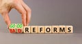 Good or bad reforms symbol. Concept words Good reforms Bad reforms on beautiful wooden blocks. Beautiful grey table grey