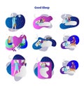 Good or bad sleep vector illustration collection set. Examples of moonlighting, read, exercise, music and yoga. Insomnia reasons.