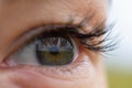 Good or bad vision, ophthalmology concept, future and opportunities metaphor.Macro female opened green eye with long lashes Royalty Free Stock Photo