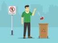 Good behavior. Isolated young male character throwing a used plastic cup into recycling bin.