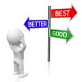 Good, better, best - comparison concept - signpost with three arrows, cartoon character