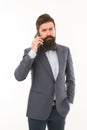 Good business talk. Man manager phone conversation. Guy with smartphone call friend. Mobile call concept. Successful Royalty Free Stock Photo