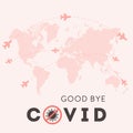 Good bye Covid. Concept of open borders for international travelling after coronavirus pandemic. Airplane flying all