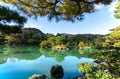 A good care landscaped garden of Japanese Pine trees, stone garden, clear lake, under blue sky in Kinkaku-ji temple, beside the