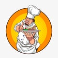 Good chef thumb up carrying food plate on circle sign
