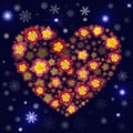 Good Christmas background with snowflakes, sparks and floral heart. Winter flowers heart