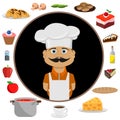 A good cook and a set of different products. Vector illustration on the theme of cooking