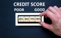 Good credit score symbol. Loading percentages with hand putting wood cube in progress bar. Words credit score, poor, good.