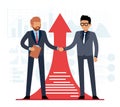 Good deal is way to success. Businessman shaking hands on arrow background, strategy of cooperation, corporate