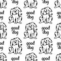 Good dog seamless vector pattern. Spotted black and white puppy looks surprised and smiles. Cute cartoon pet is sitting Royalty Free Stock Photo