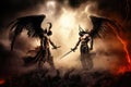 good and evil in battle, with light and darkness as their backdrop