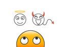 Good and evil concept. Emoticon character person looking at his conscience. Deciding between the good and the bad choice.