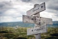 Good, evil and politics text on wooden sign post outdoors in landscape scenery.