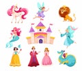 Good Fairytale Characters with Unicorn, Fairy, Lion, Mermaid, Dragon, Prince and Princess Vector Set