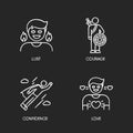 Good feelings and qualities chalk white icons set on black background