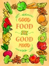 Good food is good mood poster with assorted vegetables and fruits border frame
