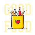 Good Food Paper Bag with Heart Symbol, Bread, Wine, Fish, etc. Royalty Free Stock Photo