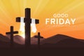 Good friday, a day of prayer and fasting text - White cloth hung on Cross crucifix and yellow gold sunset vector design