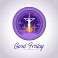 Good friday, it is finished text - Jesus Christ Crucified On The Cross and sunset in purple circle layer style vector design