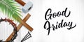 Good Friday banner with crown of thorns, cross, palm, nails and mallet Royalty Free Stock Photo