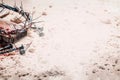 Good Friday, Passion of Jesus Christ. Crown of thorns, hammer, bloody nails on ground. Christian Easter holiday. Top Royalty Free Stock Photo