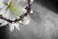 Good Friday, Passion of Jesus Christ. Crown of thorns, nails and white lily on grey background. Christian Easter holiday Royalty Free Stock Photo