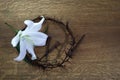 Good Friday, Passion of Jesus Christ. Crown of thorns, nails and white lily on wooden background. Christian Easter Royalty Free Stock Photo