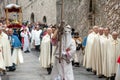 the Good Friday procession in Assisi with the penitent cross-bearer and members of the lay confraternities Royalty Free Stock Photo