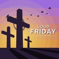 Good friday - silhouette three cross crucifix with thorns bird fly to sky at yellow purple sky and sunlight texture background Royalty Free Stock Photo