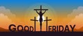 Good friday silhouette three cross with jesus christ on the cross and sunlight on orange blue sky background vector design