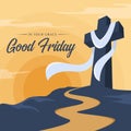 Good friday, in your grace text - White cloth hung on Cross crucifix on hill and road at yellow sunset for good friday vector