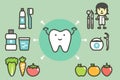 Good friend for tooth have dentist, toothbrush, toothpaste, floss, mouthwash, fruit and vegetable Royalty Free Stock Photo